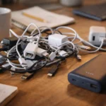 Rodede kabler og en powerbank