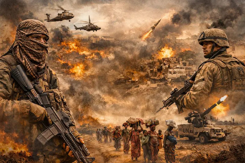 Krigsscene med soldater og fly.